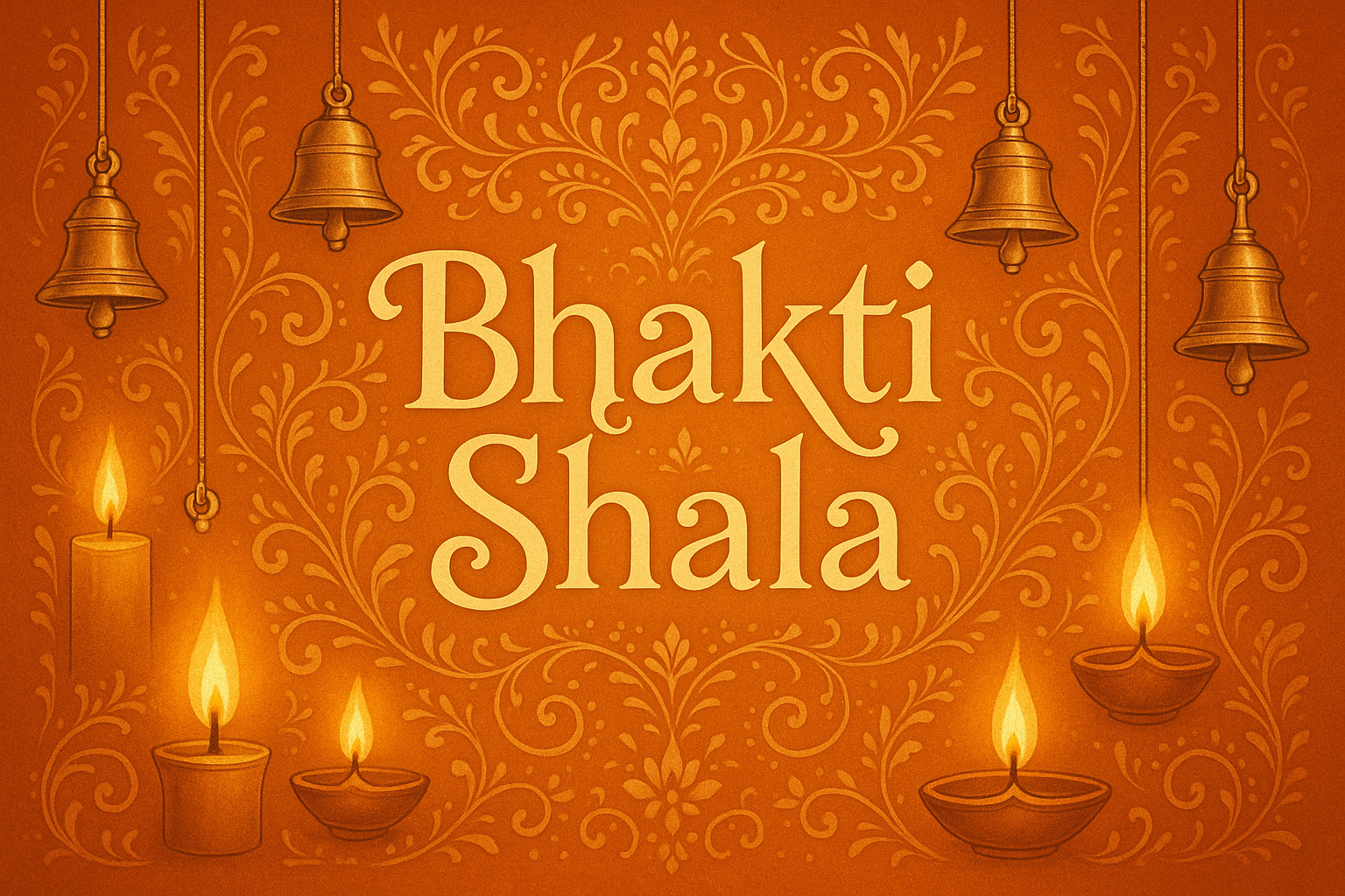 Decorative design with 'Bhakti Shala' text on an orange background with candles and bells.